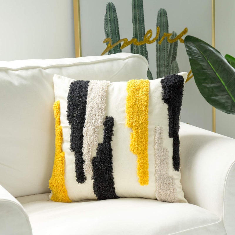 Snugtown Woven Tufted Boho Throw Pillow Cover, Modern Decorative Geometric Irregular Black Ivory Yellow Striped Lines Cushion, Farmhouse Tribal Pillowcases for Couch Sofa Bedroom Living Room, 18 x 18 Inches - Image 3